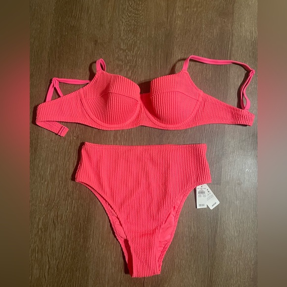 aerie Other - AERIE BIKINI | CORAL | RIBBED BRA UNDERWIRE TOP & HIGH WAISTED BOTTOMS 34C & MED